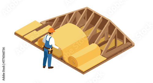 Isometric worker installing roof insulation in wooden attic framework