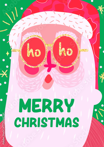 Bright and playful Christmas card featuring a cheerful Santa Claus with golden “ho ho” sunglasses. Designed in a retro mid-century style with bold festive colors and modern typography. Perfect for hol
