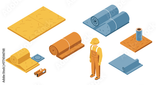 Isometric construction materials set waterproofing and insulation elements with worker figure