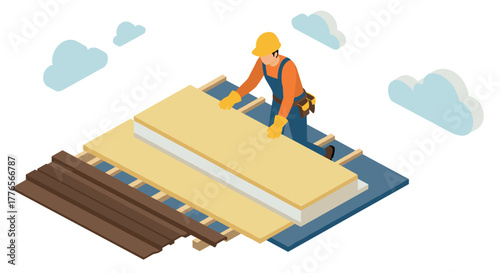 Construction worker installing insulation in isometric rooftop scene with clouds