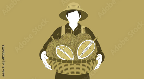 A Farmer Proudly Presents a Basket of Fresh Durian, a Tropical Fruit Harvest