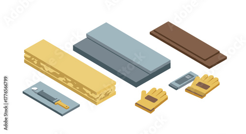 Isometric construction tools and materials set with wrench and gloves