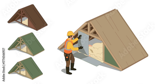 Worker installing insulation in attic with different roof colors