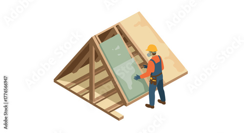 Roof construction isometric design with builder installing insulation panels