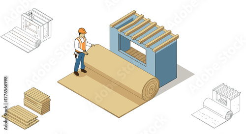 Construction worker installing insulation in isometric style with building materials and tools