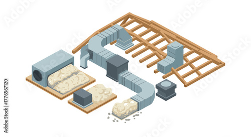 Energy efficient attic insulation system with air ducts in isometric design