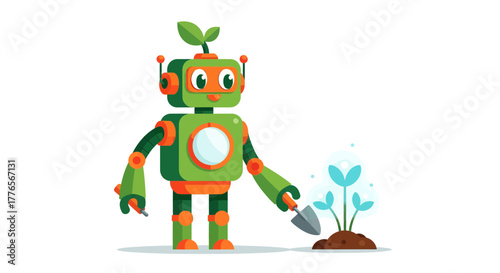A Friendly Robot Carefully Cultivates a Young Plant Amidst a White Background