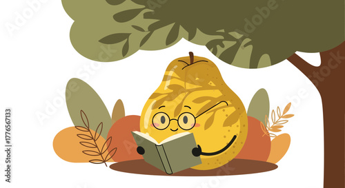 A Cheerful Pear Reading Under a Tree Depicting Peaceful Moments and Leisure