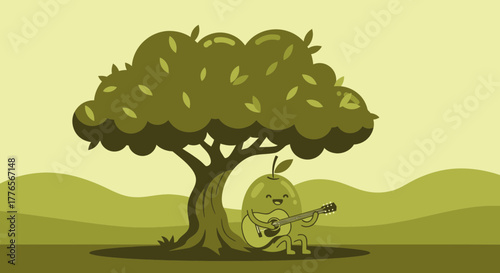 A Cheerful Pear Playing Guitar Under A Shady Tree In A Peaceful Green Scene