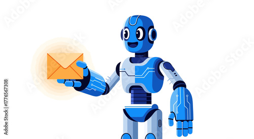 A Cheerful Robot Delivers a Glowing Envelope Signifying Email Communication Delivery