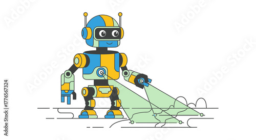A Cheerful Robot Inspecting And Analyzing Data With Modern Technology Elements