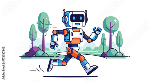 A Cheerful Robot Jogging Amidst Nature, Displaying Its Lively and Animated Form