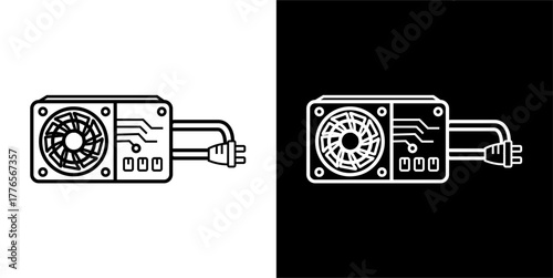 Flat line vector icon of a computer Power Supply Unit (PSU) with cables, minimalist style, black stroke, white background.