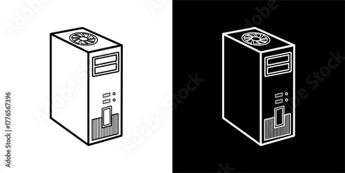 Flat line vector icon of a computer case or PC tower in a minimalist style, black stroke, white background.