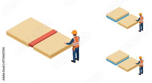 Construction worker in isometric style building with blocks