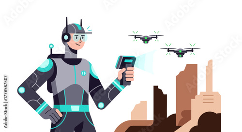 A Futuristic Drone Operator Inspecting Buildings and Coordinating Aerial Intelligence Systems