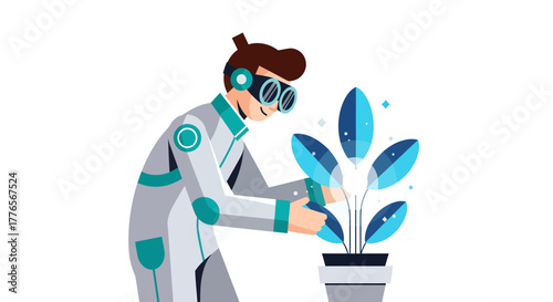 A Futuristic Gardener Interacting With Plant Life Using Advanced Technological Devices