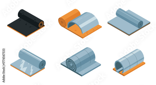 Isometric roofing material set rolled and layered designs for construction and architecture