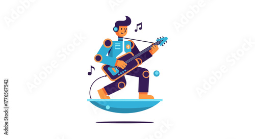 A Futuristic Musician Playing Guitar on a Hoverboard, Creating Melodies Seamlessly