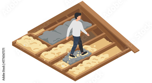 Isometric attic insulation installation with worker in motion