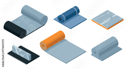 Isometric collection of various paving materials in rolls and sheets