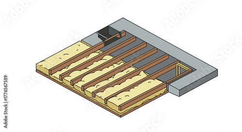 Isometric diagram of floor insulation and structural elements in a building