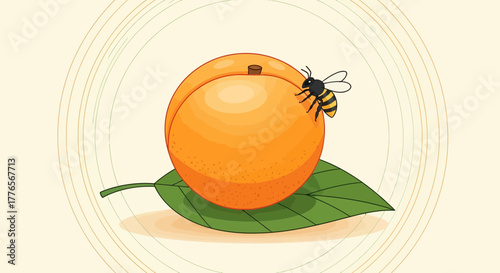 A Honeybee Approaches A Delicious Ripe Apricot Resting On A Green Leaf