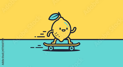 A Jolly Citrus Riding a Skateboard Across a Bold Yellow and Teal Background