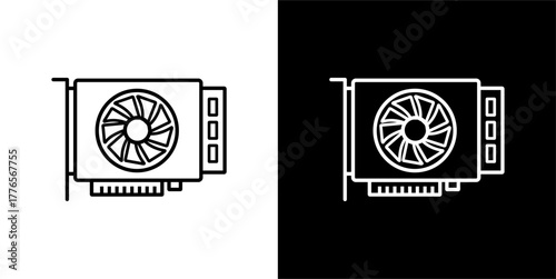 Flat line vector icon of a computer graphics card or GPU with a fan, minimalist style, black stroke, white background.
