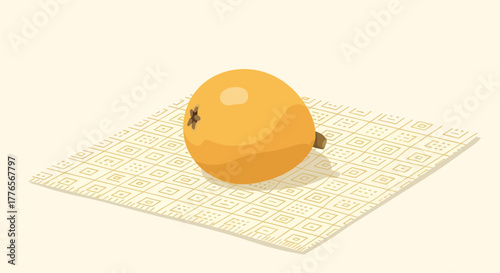 A Loquat Fruit, Resting Gracefully on a Patterned Beige Surface, in a Bright Setting