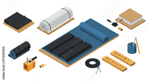 Isometric roofing materials set for construction projects