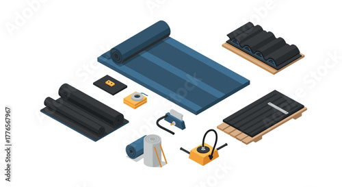 Isometric roofing materials set for construction and building projects