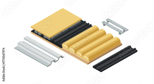 Isometric building materials set with insulation and metal elements on white background