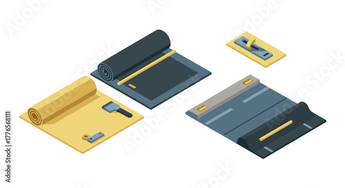 Isometric construction tools and rolls of roofing material for industrial projects
