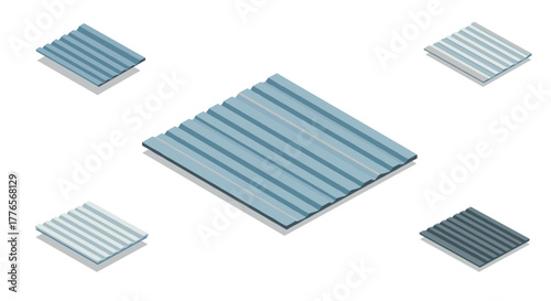 Isometric metal roofing panels in various shades on a white background