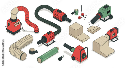Industrial equipment for dust extraction and ventilation in isometric style