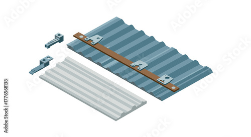 Isometric metal roofing components with fasteners and brackets