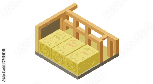 Isometric hay bales in wooden shelter for farm and agriculture design