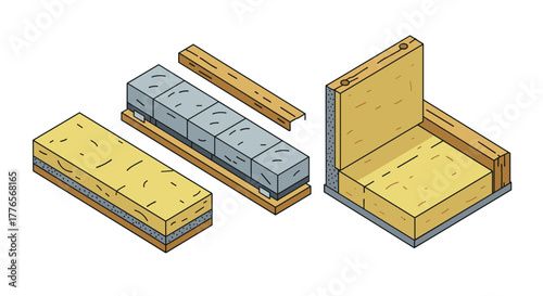 Isometric construction elements concrete blocks and insulation panels in building design