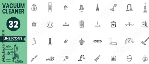 Vacuum Cleaner Line Icons Set – 32 Minimalist Cleaning Equipment Symbols