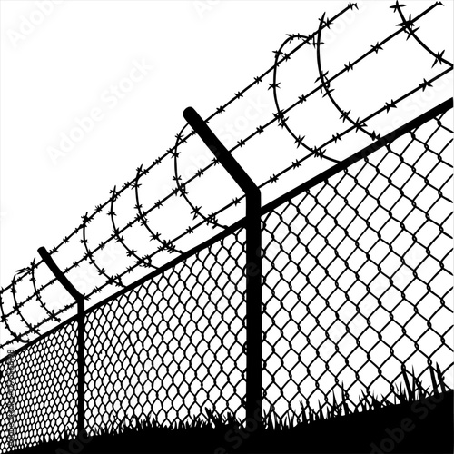 A black and white illustration of a chain link fence topped with barbed wire on a white background