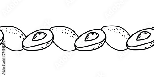 Avocado seamless graphic border in minimalistic style. Hand drawn Black and White line art pattern of whole Fruit and Cut Slices. For product packaging, tape and fabric prints.