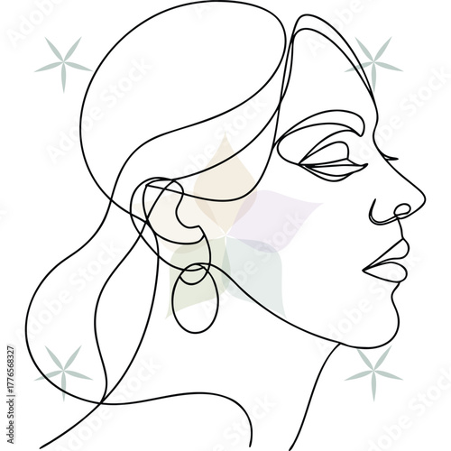 Elegant single line drawing a woman's profile wearing an earring face head abstract beauty single lineart