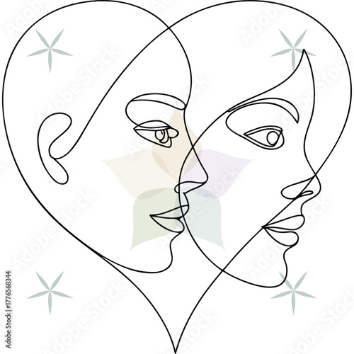 Two faces in profile forming a heart shape with single line art style love couple abstract beauty single lineart