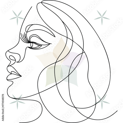 Minimalist line art profile a woman's face with open eyes Keywords: woman, abstract beauty single lineart