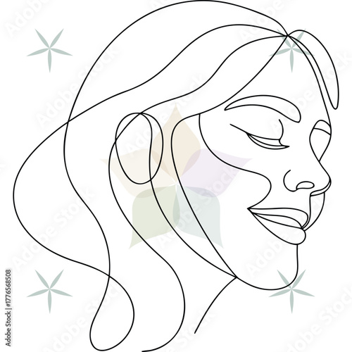 Joyful woman's profile in minimalist line art with closed eyes Keywords: woman, abstract beauty single lineart