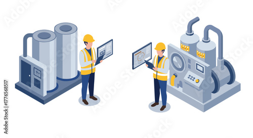 Isometric industrial workers operating hightech machinery safely