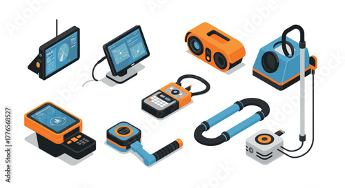 Futuristic gadgets and devices in isometric style