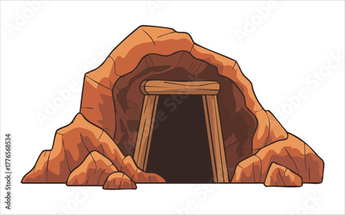 cartoon mine entrance with wooden beams and tracks vector art isolated on white background