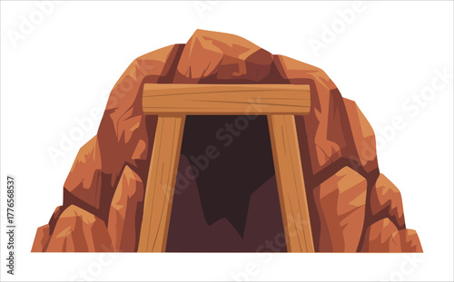 cartoon mine entrance with wooden beams and tracks vector art isolated on white background